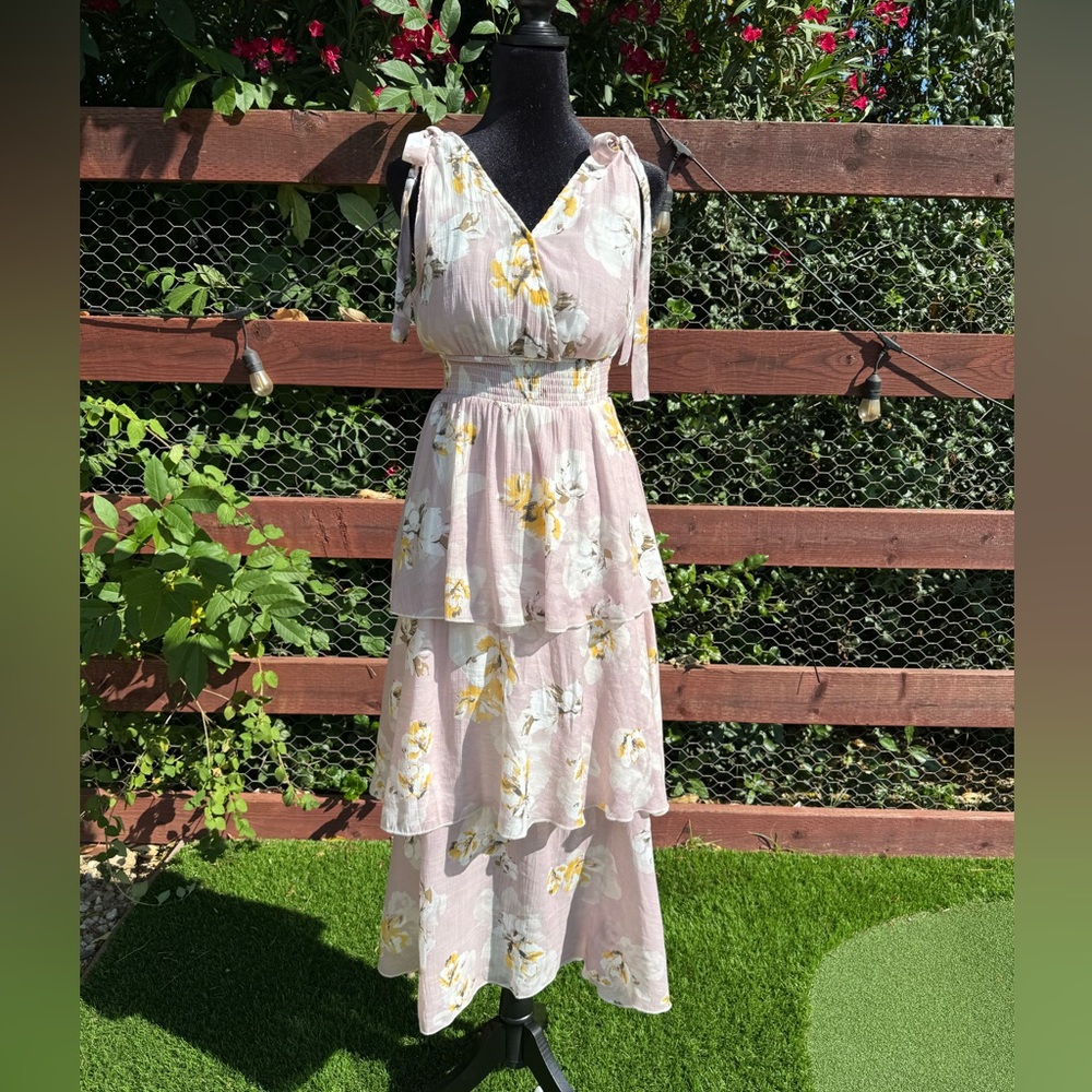 Smocked Waist Floral Tie-Shoulder Maxi Dress in Lavendar Floral